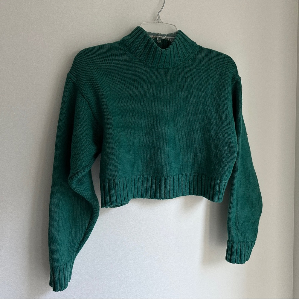 Wilfred Free Aritzia Womens Teal Cropped 100% Wool Mock Neck Sweater Sz M